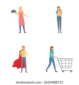 Daily routine icons set cartoon vector. Housewife cleaning and housekeeping. Housework concept
