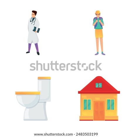 Daily routine icons set cartoon vector. Male doctor, guy traveler and house. Various activity