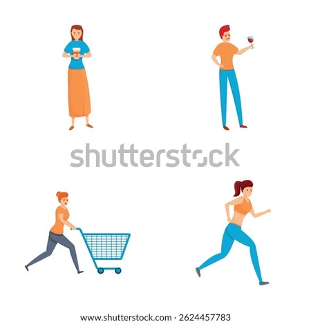 Daily routine icons set cartoon vector. Shopping, exercising, break time. Pastime, occupation