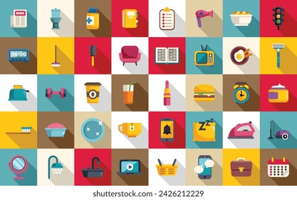 Daily routine icons set flat vector. Life school eat. Work day sleep