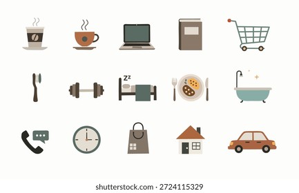 Conjunto de iconos de rutina diaria Ilustración plana
