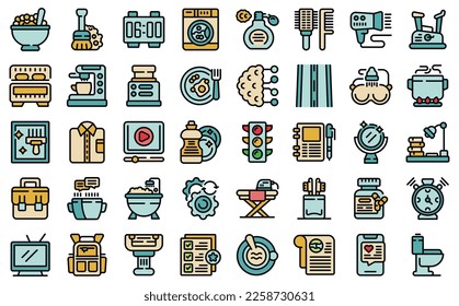 Daily routine icons set outline vector. Life daily. School sleep color line on white isolated