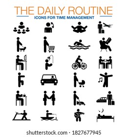 The Daily Routine icons for Time Management. Set of people with different occupation vector illustration