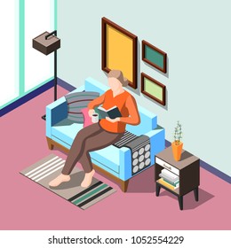 Daily routine isometric background with female character reading book in home interior vector illustration