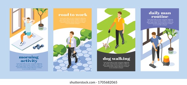 Tägliche isometrische Banner, die mit dem Menschen trainieren, arbeiten mit dem Hund arbeiten und leere 3D-einzelne Vektorillustration-Illustration