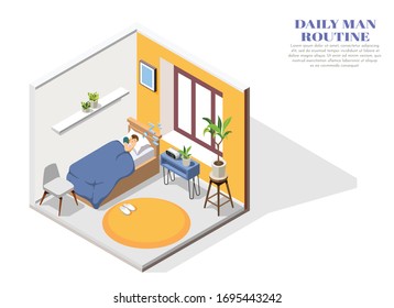 Daily routine isometric composition with man sleeping in his bedroom 3d vector illustration