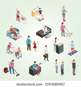 Daily Routine Isometric Flowchart busy family job concept