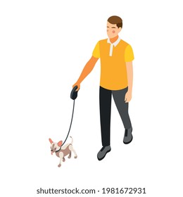 Daily routine isometric icon with character walking small dog 3d vector illustration