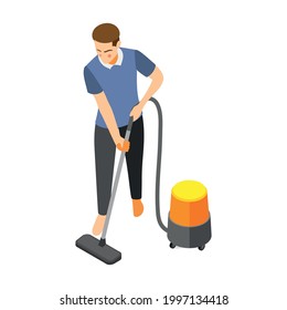 Daily routine isometric icon with man hoovering floor 3d vector illustration