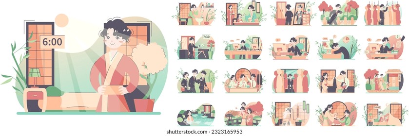 Daily routine of a japanese man set. Modern clerk working, spending time with friends and family. Businessman schedule. Office work and household life. Flat vector illustration