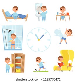 Daily routine. Kids making various cases in all day. Vector child daily sleep, eat and activity illustration