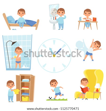 Daily routine. Kids making various cases in all day. Vector child daily sleep, eat and activity illustration