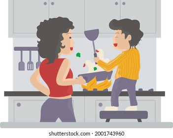 Daily routine with kids, mother cooking with her kid, teaching via playing