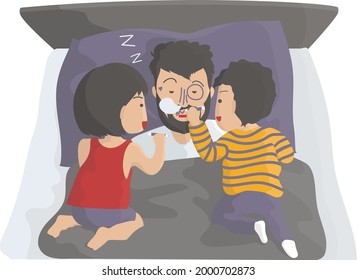 Daily routine with kids, two kids drawing on their father's face while he is in bed