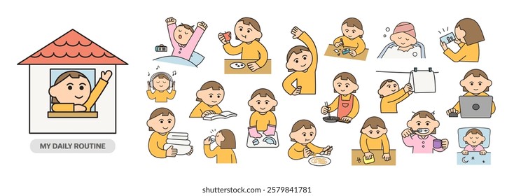 Daily routine life clip art illustration set. Cartoon style girl character's daily life. 