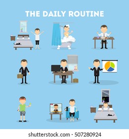 The daily routine. Life schedule of a man from morning till night. Sleep, eating, working and activities.