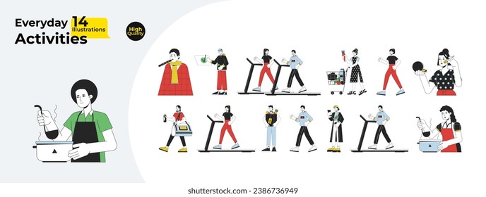 Dibujo diario de línea de caricatura con un paquete de ilustración plana. Caracteres caucásicos, adultos asiáticos de lino 2D aislados en fondo blanco. Tiempo para ti mismo, compras, cocción de imágenes de color vectorial