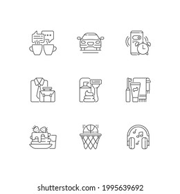 Conjunto diario de iconos lineales de rutina. Reloj de alarma para el trabajo. Todos los días por la mañana y por la noche. Símbolos de contorno de línea delgada personalizables. Ilustraciones aisladas del contorno vectorial. Trazo editable