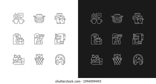 Daily routine linear icons set for dark and light mode. Alarm clock for work. Office worker activities. Customizable thin line symbols. Isolated vector outline illustrations. Editable stroke