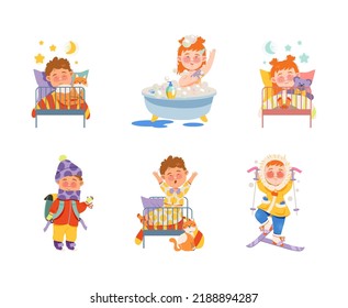 Daily Routine of Little Boy and Girl Character with Sleeping in Bed, Bathing and Going to School Vector Set