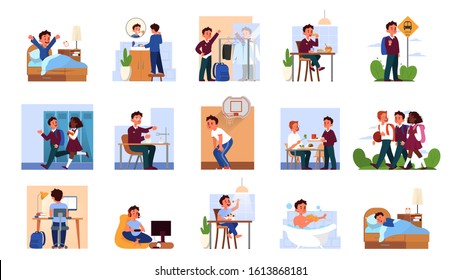 Daily routine of a little boy set. Waking up, having breakfast in the morning, go to school and sleep. School boy schedule. Meeting friends and doing a homework. Isolated vector illustration