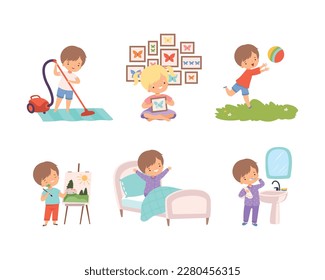 Daily routine of little boys and girl. Cute kids cleaning home with vacuum cleaner, playing ball outdoors, painting on canvas cartoon vector illustration