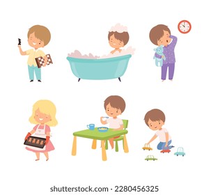 Rutina diaria de niños y niñas. Niños guapos jugando al ajedrez, bañándose, haciendo galletas, jugando a los juguetes, desayunando dibujos animados ilustraciones vectoriales