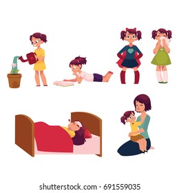 Daily routine, little girl doing chore, helping mother, feeding cat, going to school, playing with toys, cartoon vector illustration isolated on white background. Daily routine set, little girl