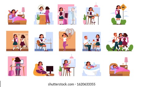 Daily routine of a little girl set. Waking up, having breakfast in the morning, go to school and sleep. School girl schedule. Meeting friends and doing a homework. Isolated vector illustration