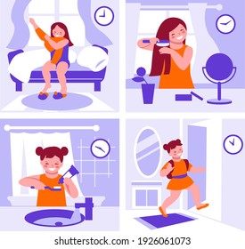 Daily routine. A little girl wakes up, dresses, combes her hair, goes to school. Set of vector illustrations in flat style.