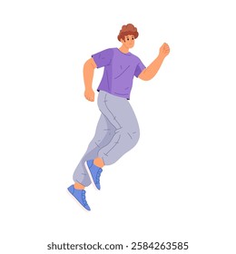 Daily routine of man, isolated male personage in sportswear running. Vector training guy, jogging and doings sports exercises for keeping fit and healthy. Physical activity and lifestyle