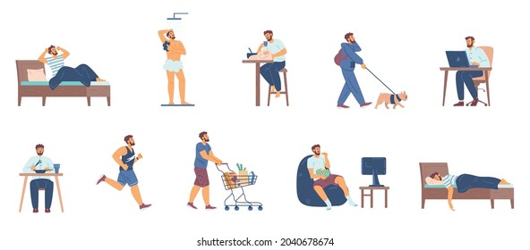 Daily routine man from morning waking to night sleep. A set icons of life schedule male character - work and leisure, sport and care for pet dog, meal and rest. Vector illustrations
