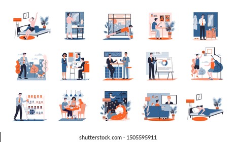 Daily routine of a man set. Guy having breakfast in the morning, work and sleep. Businessman schedule. Working in office on computer. Isolated vector illustration in cartoon style