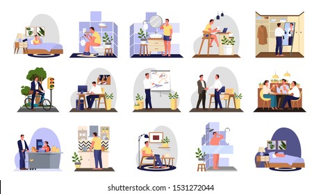 Daily routine of a man set. Guy having breakfast in the morning, work and sleep. Businessman schedule. Working in office on computer. Isolated vector illustration in cartoon style