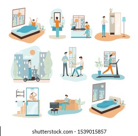 Daily routine of a man set. Guy having breakfast in the morning, work and sleep. Businessman schedule. Working in office on computer. Isolated vector illustration in cartoon style