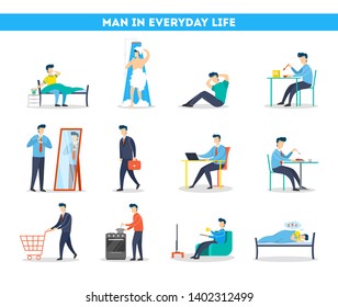 Daily routine of a man set. Having breakfast in the morning, work and sleep. Businessman schedule. Working in office on computer. Isolated vector illustration in cartoon style