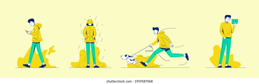 Daily routine of a man set. men are walking, men in the rain. men walking together with a dog. Men are reading something. illustration in cartoon style