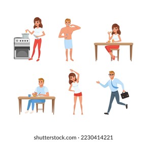 Daily routine of man and woman set. People having breakfast, cooking, brushing teeth cartoon vector illustration