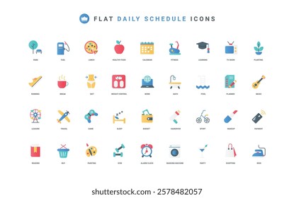 Daily routine and modern life schedule, agenda, time management color icon set. Check event of day in calendar and clock, sport training and everyday task, payment flat elements vector illustration