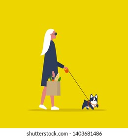 Daily routine. Modern lifestyle. Young female character holding a paper bag with groceries. Walking a dog. Flat vector illustration, clip art