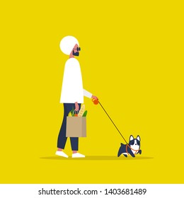 Daily routine. Modern lifestyle. Young indian character holding a paper bag with groceries. Walking a dog. Flat vector illustration, clip art