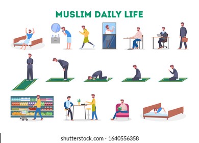 Daily routine of a muslim man set. Male character having breakfast in the morning, work, pray and sleep. Modern muslim lifestyle. Isolated vector illustration