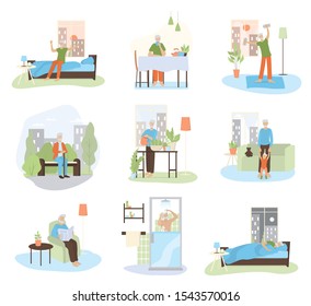 Daily routine of an old man set. Old man doing sport, walking, playing with grandchild, resting. Old man schedule. Isolated vector illustration in cartoon style