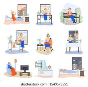 Daily routine of an old woman set. Old lady baking in the morning, walking, playing with grandchild, resting. Old woman schedule. Isolated vector illustration in cartoon style