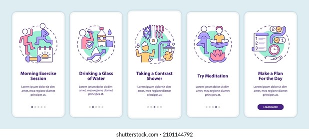 Daily routine onboarding mobile app screen. Selfcare for wellness walkthrough 5 steps graphic instructions pages with linear concepts. UI, UX, GUI template. Myriad Pro-Bold, Regular fonts used