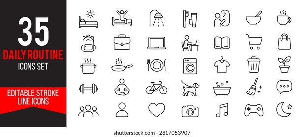 Daily Routine Outline Icon Pack Including Morning Routine, Hygiene, Cooking, Work, Shopping, Fitness, Relaxation and Daily Life Elements Professional Editable Vector Illustration