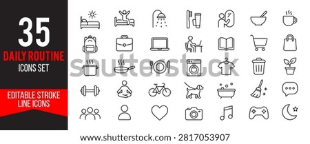 Daily Routine Outline Icon Pack Including Morning Routine, Hygiene, Cooking, Work, Shopping, Fitness, Relaxation and Daily Life Elements Professional Editable Vector Illustration