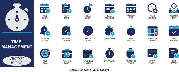 Conjunto de iconos de optimización de productividad y rutina diaria con herramientas de reloj, planificador, recordatorio, programación, temporizador, fecha límite y enfoque. Perfecto para App, interfaz de usuario, productividad y uso empresarial.