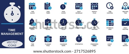 Daily Routine and Productivity Optimization Icon Set with clock, planner, reminder, schedule, timer, deadline, and focus tools. Perfect for apps, UI, productivity, and business use.