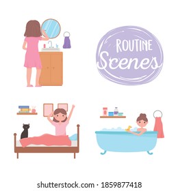 escena de rutina diaria, gente haciendo diferentes actividades por la mañana en la ilustración del vector de casa